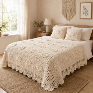 May include: A cream-colored crochet bedspread featuring a repeating square pattern with raised floral motifs in the center of each square. The edges of the bedspread are finished with a decorative scalloped border. Two matching square throw pillows.