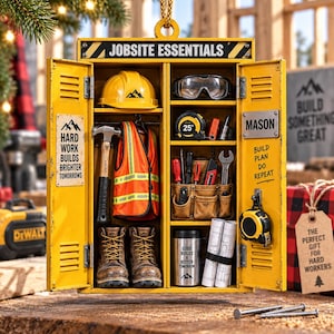 Pode incluir: Um ornamento amarelo em forma de armário com a etiqueta JOBSITE ESSENTIALS contendo um capacete, óculos de proteção, um martelo, um colete de segurança, botas de trabalho, uma fita métrica de 25', ferramentas, uma caneca e plantas.