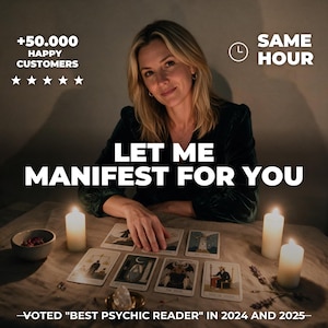 Pode incluir: Um serviço de leitura psíquica com o texto LET ME MANIFEST FOR YOU, +50.000 HAPPY CUSTOMERS, SAME HOUR e VOTED BEST PSYCHIC READER IN 2024 AND 2025. A cena inclui cartas de tarot, três velas brancas acesas e uma pequena tigela.