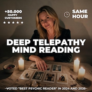 Op de afbeelding: Een persoon met blond haar in een donkergroene top zit achter een tafel met tarotkaarten, drie brandende witte kaarsen en een klein kommetje. Tekst: +50.000 HAPPY CUSTOMERS, SAME HOUR, DEEP TELEPATHY MIND READING, VOTED BEST PSYCHIC READER IN 2024 AND 2025.