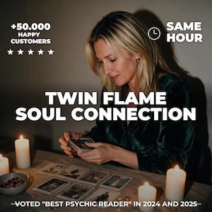 May include: A person in a dark green velvet top shuffling a deck of tarot cards on a table with white candles. Text reads: +50.000 HAPPY CUSTOMERS, SAME HOUR, TWIN FLAME SOUL CONNECTION, VOTED "BEST PSYCHIC READER" IN 2024 AND 2025 with five stars.