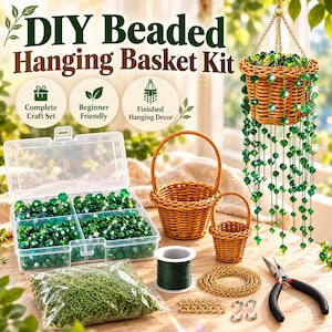 May include: A DIY beaded hanging basket kit featuring a clear plastic organiser filled with green faceted beads, a bag of small green beads, two woven brown baskets, a spool of green wire, gold chains, metal rings, and black pliers.