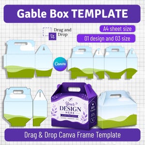 May include: A digital Gable Box TEMPLATE featuring A4 sheet size, 01 design and 03 size options. The layout includes drag and drop Canva frame elements, flat box patterns with a green and blue landscape print, and a 3D assembled purple box.