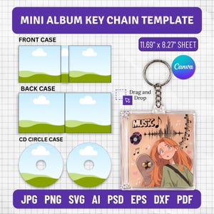 Può includere: Un modello digitale per portachiavi mini album con custodia quadrata trasparente, anello in metallo e segnaposto per inserti frontali, posteriori e CD. Il design include un'illustrazione in stile anime di una persona con lunghi capelli arancioni, uno skateboard e grafiche a tema musicale su un foglio di 29,7 cm per 21 cm.