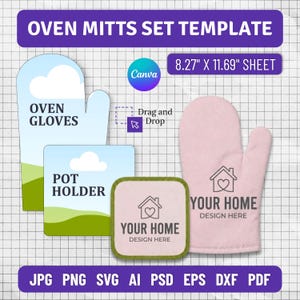 May include: A digital template for an oven mitt and pot holder set on an 8.27" x 11.69" sheet. The design includes a blue sky and green landscape graphic, a Canva logo, a drag and drop icon, and a pink oven mitt and pot holder mockup.