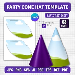 May include: A party cone hat template on an 8.27 inch by 11.69 inch sheet. The design features two flat templates with a blue sky, white clouds, and green hills, alongside one solid purple cone hat and one assembled cone hat with the same landscape.