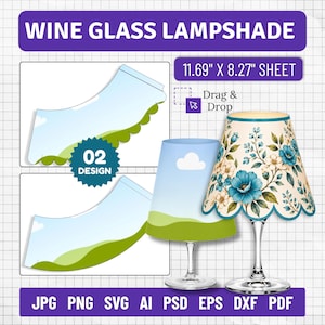 Pode incluir: Um modelo digital para cúpula de taça de vinho em uma folha de 29,7 cm por 21 cm. O conjunto inclui dois designs com céu azul e colinas verdes, um deles aplicado em uma taça para mostrar uma cúpula com estampa floral.