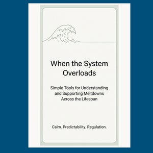 May include: A rectangular white card with a thin light green border featuring a line-art illustration of a wave at the top. The text reads: When the System Overloads, Simple Tools for Understanding and Supporting Meltdowns Across the Lifespan, Calm. Predictability. Regulation.