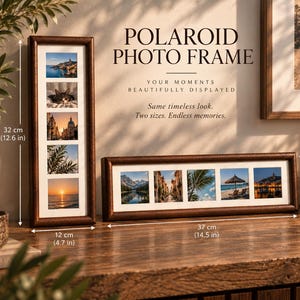 May include: Two dark brown wooden collage photo frames with white matting, each holding five square images. The vertical frame measures 32 cm by 12 cm, and the horizontal frame measures 37 cm by 10.5 cm. Text reads POLAROID PHOTO FRAME.