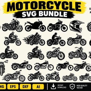 May include: A digital collection of over 30 black motorcycle-themed graphic designs, including various motorcycle silhouettes, riders, a helmet, and gloves. The text reads: 30+ DESIGNS, MOTORCYCLE SVG BUNDLE, BIKES, RIDERS, SPORTS, CRUISERS, ADVENTURE, ICONS, SVG, PNG, EPS, DXF, AI.