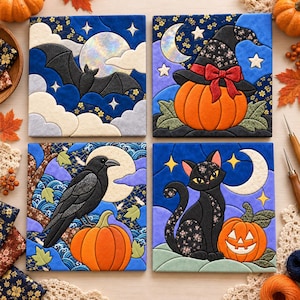 May include: Four square fabric wall art panels featuring Halloween themes: a bat against a full moon, a pumpkin wearing a witch hat, a crow perched on a pumpkin, and a black cat sitting next to a jack-o'-lantern, all with intricate quilted details.