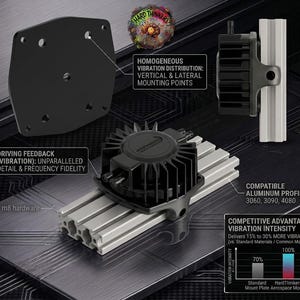 Puede incluir: Un soporte de motor de vibración negro con carcasa circular de aletas, unido a un perfil de aluminio plateado. Incluye una placa de montaje negra plana con orificios pretaladrados, tornillería m8 y etiquetas de texto sobre vibración.