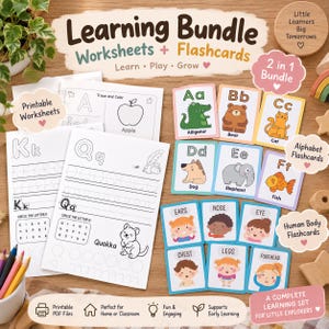 May include: A learning bundle featuring printable worksheets with alphabet tracing exercises and colorful flashcards depicting animals and human body parts. The set includes text labels like Learning Bundle, Worksheets + Flashcards, and Printable PDF Files.