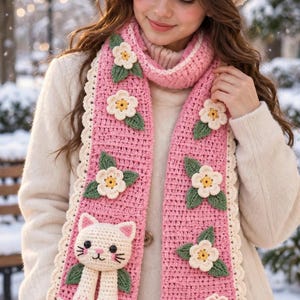 Puede incluir: Una bufanda de ganchillo rosa con aplicaciones de flores blancas con centros amarillos, hojas verdes, una figura de gato blanco y un motivo de huella blanca. La bufanda tiene un borde festoneado de color crema y una textura de punto.