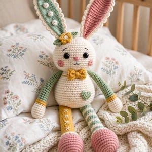 Puede incluir: Un muñeco de conejo de ganchillo con cuerpo color crema, una oreja verde salvia con botones blancos y una oreja rosa empolvado. Tiene una pajarita amarilla, un pequeño corazón verde en el pecho, una flor amarilla en la cabeza y piernas desiguales.