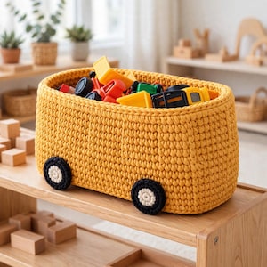 May include: A mustard yellow crocheted storage basket shaped like a bus, featuring two black and white circular wheels on the side. The basket is filled with various colorful plastic toy vehicles, including yellow, red, green, and black trucks.