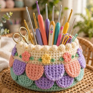 May include: A round, crocheted basket with a scalloped, multi-colored exterior in pastel shades of pink, purple, and green, topped with a cream-colored rim featuring small floral appliqués, holding various metal and plastic crochet hooks and scissors.