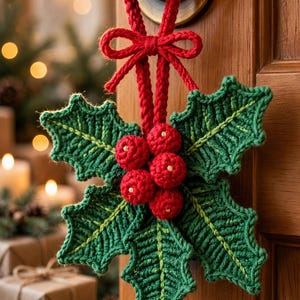 Può includere: Una decorazione all'uncinetto a forma di agrifoglio con tre foglie verde scuro con venature verde chiaro e quattro bacche rosso brillante con centri dorati. L'ornamento è appeso a un cappio rosso lavorato all'uncinetto con un fiocco.