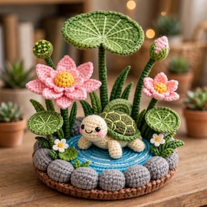 May include: A crochet display featuring a small cream-colored turtle with a green shell resting on a blue circular pond. The scene includes pink lotus flowers, green lily pads, and small white flowers, all surrounded by a border of grey crocheted stones.