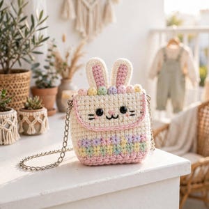 May include: A cream-colored crochet crossbody bag shaped like a bunny with long ears, black bead eyes, and a stitched face. The bag features a pastel floral pattern on the lower section, a row of small colorful spheres, and a silver metal chain strap.