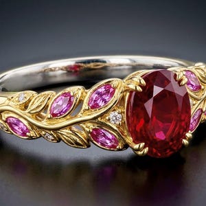 Könnte beinhalten: Ein Goldring mit einem großen, oval geschliffenen roten Edelstein als Mittelpunkt. Die Ringschiene ist mit filigranen Goldblattmotiven verziert, die mit marquise-geschliffenen rosa Edelsteinen und kleinen runden weißen Akzentsteinen besetzt sind.