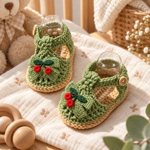Puede incluir: Un par de sandalias de bebé tejidas a ganchillo en color verde salvia, con un lazo decorativo con dos cerezas rojas y hojas verdes en la parte delantera. Las sandalias tienen una suela de ganchillo beige, diseño en T y un botón de madera.
