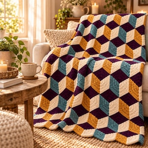 May include: A crochet blanket featuring a geometric pattern of repeating cubes in shades of deep purple, mustard yellow, teal, and cream. The textile is constructed from individual yarn stitches, creating a textured, three-dimensional visual effect.