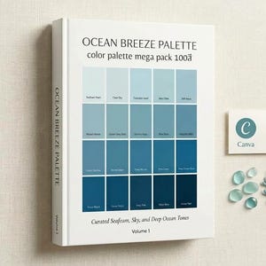 May include: A white book titled OCEAN BREEZE PALETTE color palette mega pack 100 with a grid of blue color swatches, text reading Curated Seafoam, Sky, and Deep Ocean Tones Volume 1, plus icons for Canva, PS, Procreate, and Ai, with sea glass and coral.