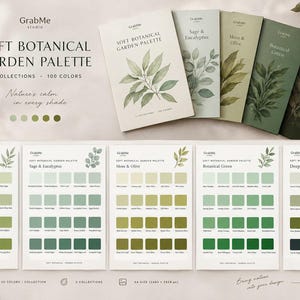 May include: A digital color palette collection titled Soft Botanical Garden Palette by GrabMe Studio, featuring five distinct sets of green shades. The collection includes five printed cards and five corresponding reference sheets, each displaying twenty color swatches.