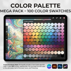 May include: A digital tablet displaying a color palette mega pack with 100 hexagonal color swatches. The screen shows a vibrant landscape illustration alongside a grid of various hues. Text at the top reads COLOR PALETTE MEGA PACK - 100 COLOR SWATCHES.