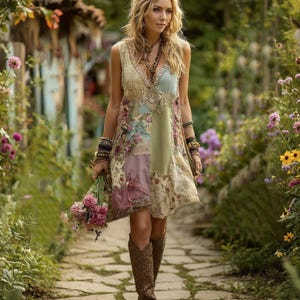 May include: A sleeveless dress featuring a patchwork design with various floral patterns in shades of sage green, cream, and muted purple. The dress has a V-neckline and a loose, flowing silhouette, paired with brown patterned knee-high boots.