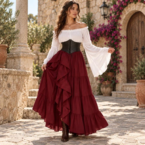 3-Piece Renaissance Outfit Set, Boho Maxi Skirt, Off-Shoulder Blouse & Corset Belt