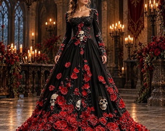 Vestido largo gótico floral, rosa roja y negra, manga larga, vestido de bruja para Halloween (tallas S-5XL)