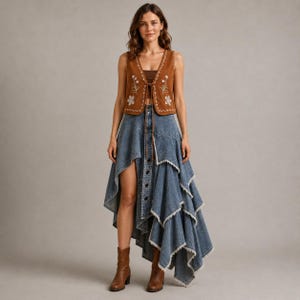 Peut inclure: Un gilet sans manches marron avec des broderies florales blanches et une fermeture à nouer, associé à une jupe en jean asymétrique à boutons, dotée de plusieurs volants superposés aux bords effilochés, portée avec des bottines en cuir marron.