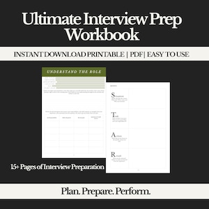 以下が含まれることがあります： Ultimate Interview Prep Workbookというタイトルのデジタルワークブック。Instant Download Printable | PDF | Easy to Useおよび15+ Pages of Interview Preparationというテキストが含まれています。役割の理解とSTARメソッドのためのページがあります。