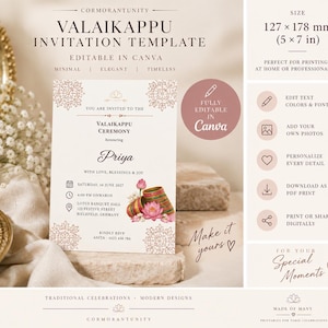 Zaproszenie na ceremonię wręczenia bransoletek Valaikappu | Minimalistyczny szablon Canva (5 x 7 cali)