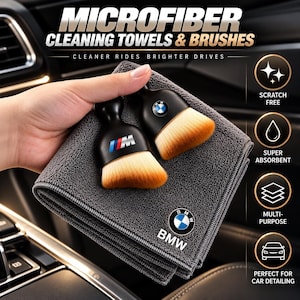 May include: A dark gray microfiber cleaning towel with a BMW logo and two black brushes with soft bristles. One brush features the BMW M logo, and the other has a BMW emblem. Text includes MICROFIBER CLEANING TOWELS & BRUSHES and CLEANER RIDES BRIGHTER DRIVES.