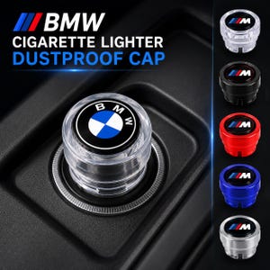 May include: A BMW cigarette lighter dustproof cap featuring the BMW logo on a circular top. The main cap is clear plastic, while the side column displays five variations in clear, black, red, blue, and silver finishes with the M logo.