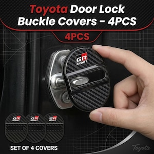 May include: A set of four Toyota door lock buckle covers featuring a black carbon fiber pattern and the GR Sport logo. The covers are oval-shaped with a horizontal cutout, designed to fit over the metal door latch mechanism of a vehicle.