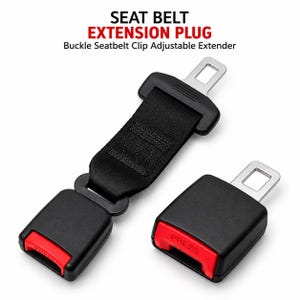 May include: A seat belt extension plug and a buckle seatbelt clip adjustable extender. The black nylon strap features a metal tongue and a black plastic housing with a red release button labeled PRESS. The text SEAT BELT EXTENSION PLUG is visible.
