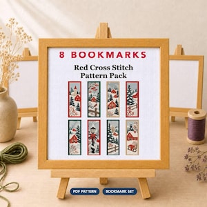 Op de afbeelding: Een digitaal patroonpakket met 8 bladwijzers met rode kruissteekontwerpen van winterlandschappen, inclusief huizen, bomen en sneeuw. De tekst luidt 8 BOOKMARKS Red Cross Stitch Pattern Pack, PDF PATTERN en BOOKMARK SET.