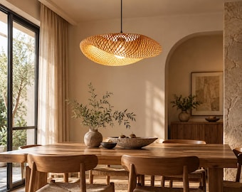 Woven Rattan Pendant Light, Natural Boho Ceiling Lamp, Japandi Dining Room Light
