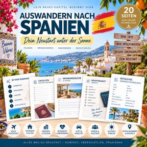 May include: A digital download guide titled Auswandern nach Spanien featuring a 20-page layout with a roadmap, checklists, budget planner, and language guide. The design includes a coastal Spanish landscape, the Spanish flag, and icons for relocation.