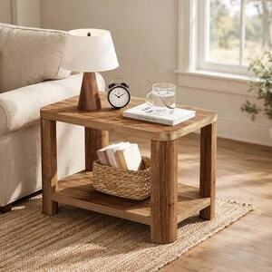 May include: A rectangular wooden end table with four thick legs and a lower shelf. On the tabletop sits a white lamp with a wooden base, a black analog alarm clock, a clear glass mug with a spoon, and a white book. A woven basket holds books.