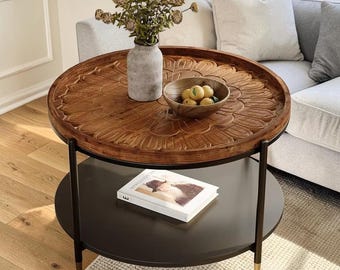 Coffee Table, Cozy 31.5-Inch Round Solid Wood Boho Design with Storage