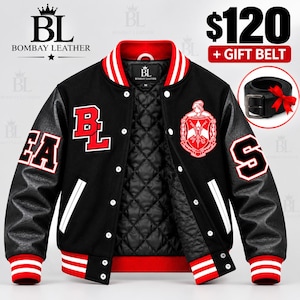 Black Red Varsity Jacket, Custom Letterman Bomber, Leather Sleeve, Collegiate Patches (Gift Belt)