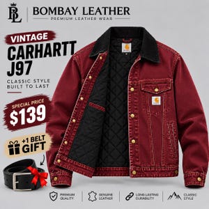May include: A red denim jacket with a black corduroy collar and a black quilted interior lining. The jacket features gold-tone metal buttons, two chest pockets with flaps, and a Carhartt brand patch on the left chest pocket. A black leather belt is included.