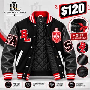 Schwarze und rote Collegejacke im Letterman-Bomber-Stil, Ledergürtel als Geschenk