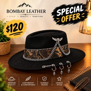 Schwarzer Western-Fedora-Hut, goldenes Schlangenlederband, gotisches Steampunk-Kettendetail (handgefertigtes Leder)