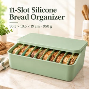 May include: A light green silicone bread organizer with 11 slots, containing slices of bread. The text reads 11-Slot Silicone Bread Organizer, 30.5 x 10.5 x 19 cm, 950 g. The container has a rectangular base and a matching flat lid.